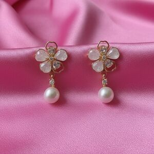 Freshwater Pearl Flower Drop Earrings in Gradient Pink Crystal, S925 Needle